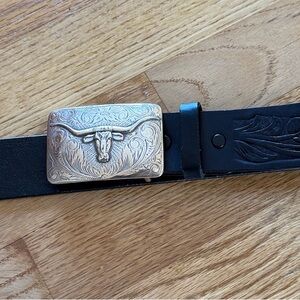 Appaloosa Trading Western Black Leather Belt with Silver Longhorn Buckle Size 36